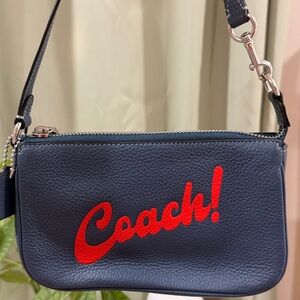 Coach Blue Leather Wristlet with Vibrant Red Logo